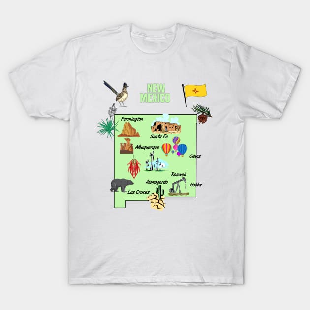 Tourist attractions map of New Mexico state, USA, major cities, flag T-Shirt by Mashmosh